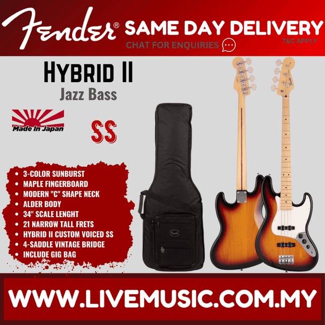 Fender Japan Hybrid II Jazz Bass Guitar, Maple Fretboard with Gig Bag - 3 Color Sunburst