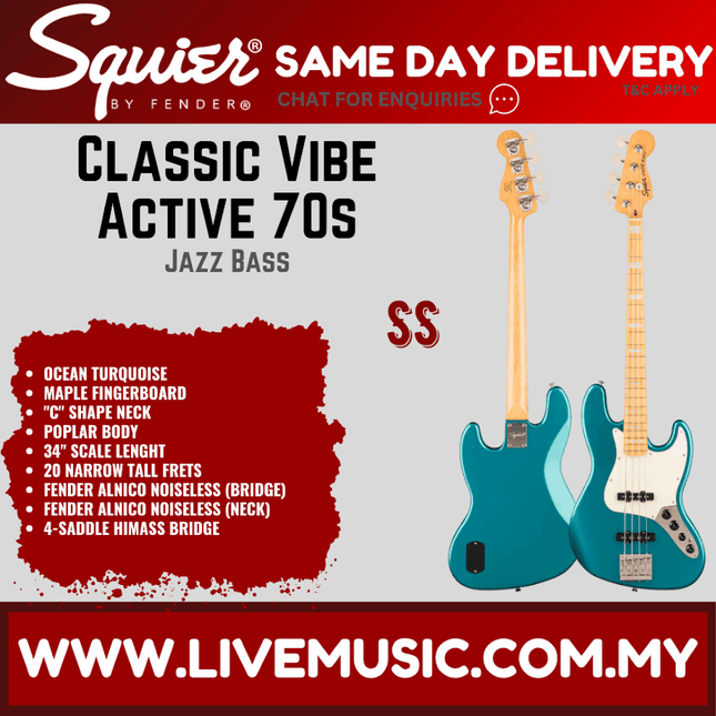 Squier Classic Vibe Active 70s Jazz Bass Guitar, Maple FB, Ocean Turquoise