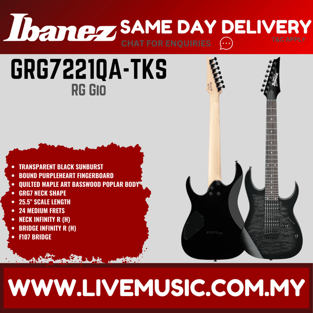 Ibanez GRG7221QA GIO Series 7-String Electric Guitar - Transparent Black Sunburst (GRG7221QA-TKS)