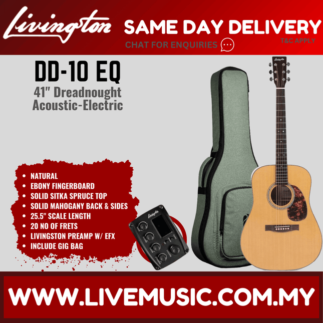 Livingston DD-10 EQ 41" Full Solid Dreadnought Acoustic-Electric Guitar, Ebony FB - Natural ( DD10 DD 10 )