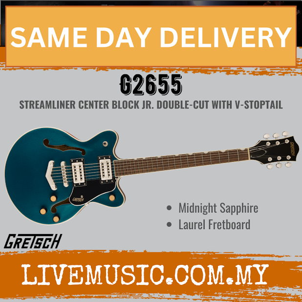 Gretsch G2655 Streamliner Center Block Jr Double-Cut Electric Guitar w/V-Stoptail, Midnight Sapphire
