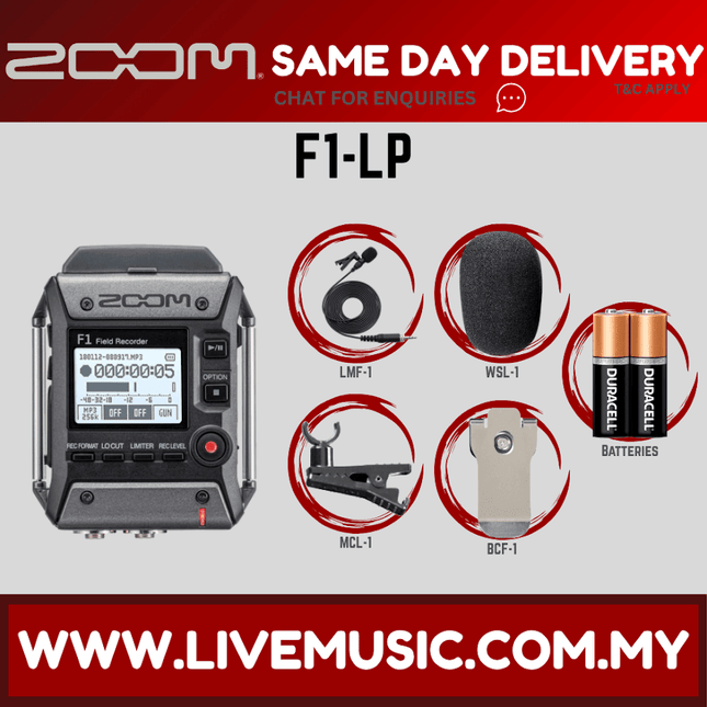 Field recorder with lavalier mic bundle, front display and accessory package