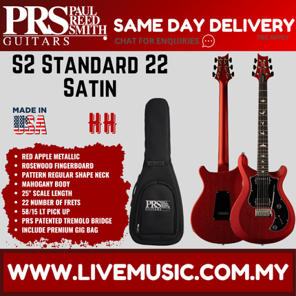 PRS S2 Standard 22 Satin Electric Guitar, Red Apple Metallic