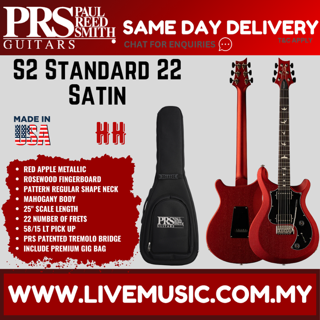PRS S2 Standard 22 Satin Electric Guitar, Red Apple Metallic