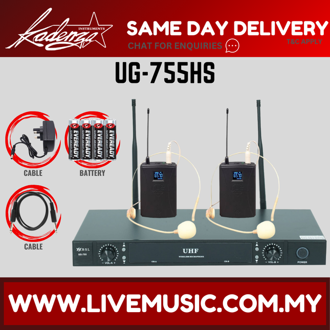 BSL UG-755HS Dual Lavalier UHF Wireless Microphone System Set With 2 Headset Mic ( UG755 UG755HS )