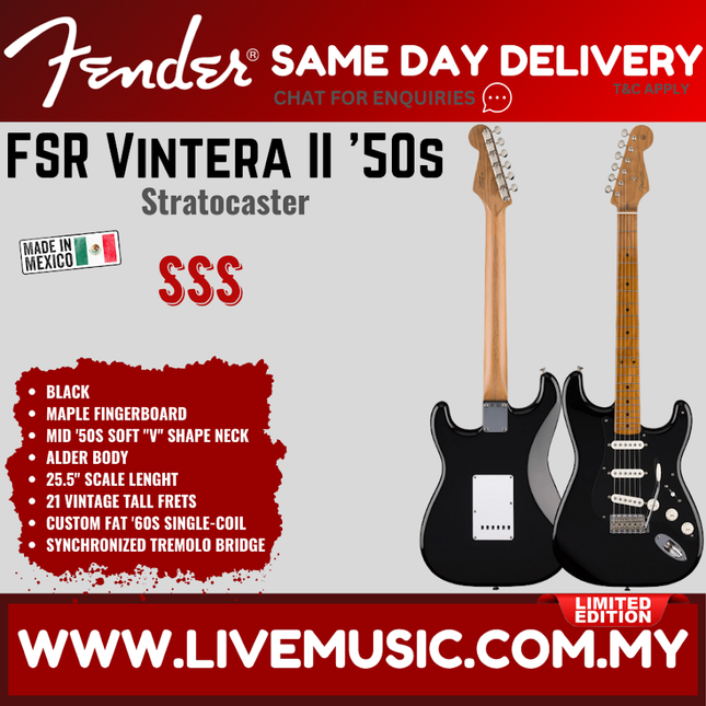 Black Fender Vintera II '50s Stratocaster electric guitar with maple fingerboard