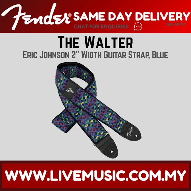 Fender guitar strap in multicolor geometric pattern with black ends and adjustable keeper