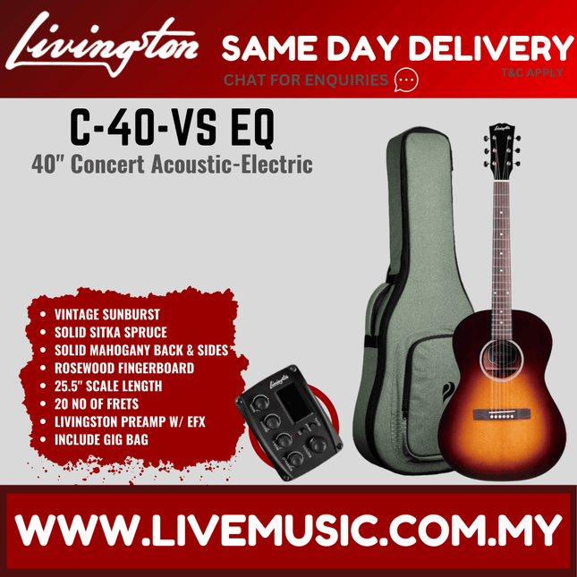Livingston C-40 EQ 40" Full Solid Concert Acoustic-Electric Guitar, Rosewood FB - ( C 40 C40 )
