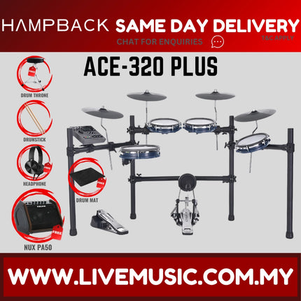 Hampback ACE-320 PLUS Full Mesh Digital Drum Set w/Headphone, Drumstick And Drum Throne - ( ACE320 ACE 320 ACE320PLUS )