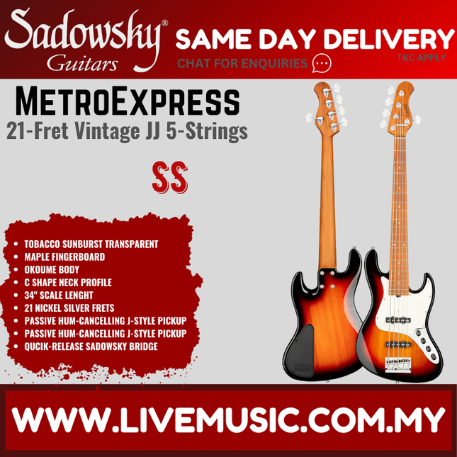Sadowsky MetroExpress 21Fret Vintage JJ 5-String Bass Guitar, Maple FB, Tobacco Sunburst Transparent