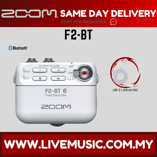 White Zoom F2-BT field recorder with buttons and red status indicator