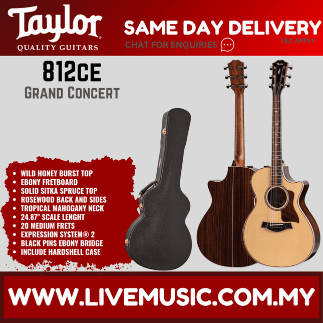 Natural acoustic guitar with arched cutaway, sound hole, and Taylor headstock