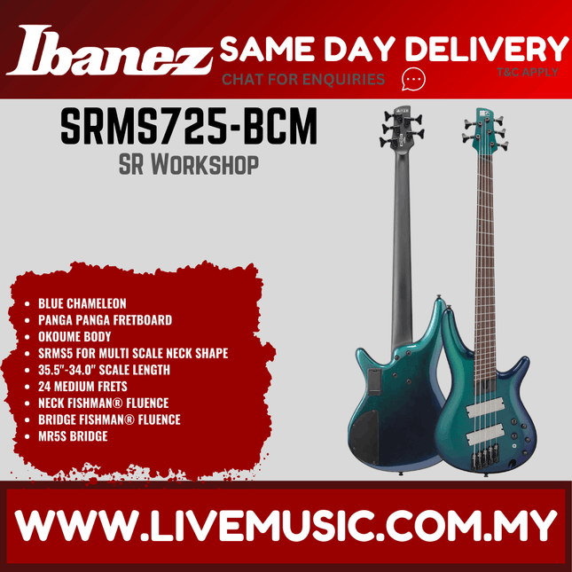 Ibanez SRMS725-BCM Sr Workshop Series 5 String Electric Bass, Blue Chameleon ( SRMS725 BCM / SRMS725BCM )