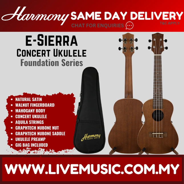 Harmony Foundation Series e-Sierra Concert Ukulele w/Bag, Natural Satin