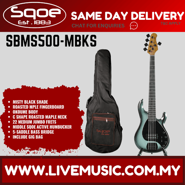 Sqoe SBMS500 5-String Electric Bass Guitar With Gig Bag, Roasted Maple FB - Misty Black Shade ( SBMS500 / SBMS-500 )