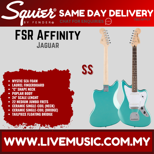 Squier FSR Affinity Series Jaguar Electric Guitar, Laurel FB, Mystic Sea Foam