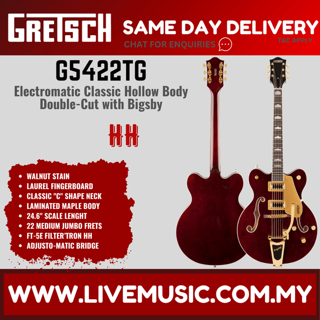 Gretsch G5422TG Electromatic Classic Hollow Body Double-Cut Bigsby Electric Guitar, Walnut Stain
