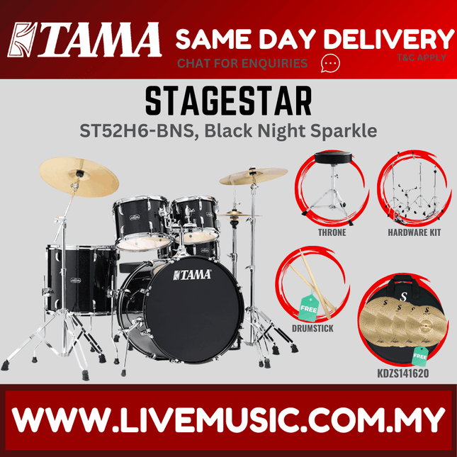 Tama StageStar 5-piece drum set with throne and cymbals, black night sparkle.