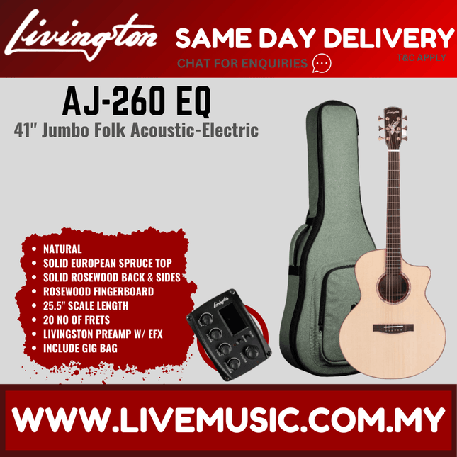 Livingston AJ-260 EQ 41" Full Solid Acoustic Guitar, Rosewood FB, Natural ( AJ260 AJ 260 )-Yes EQ