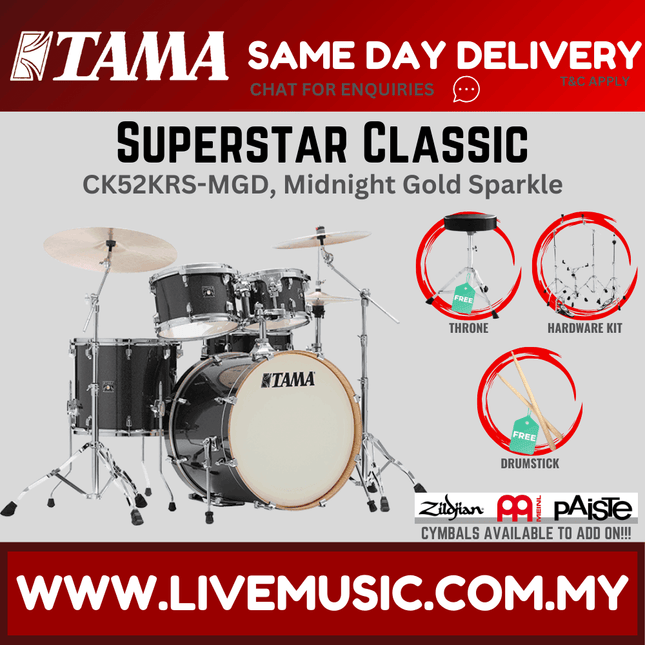 5-piece drum set with midnight gold sparkle shells and cymbals, hardware kit included