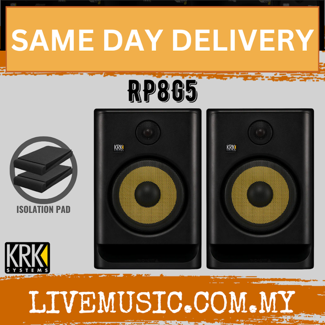 KRK RP8G5 Rokit Powered 8 Active Studio Monitors w/Monitor Stand And Isolation Pad - Black - Pair ( RP8G4 )