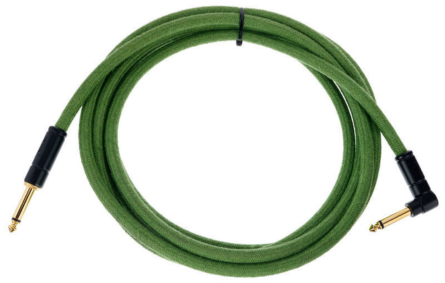 Green hemp instrument cable with black ends and gold 1/4-inch plugs