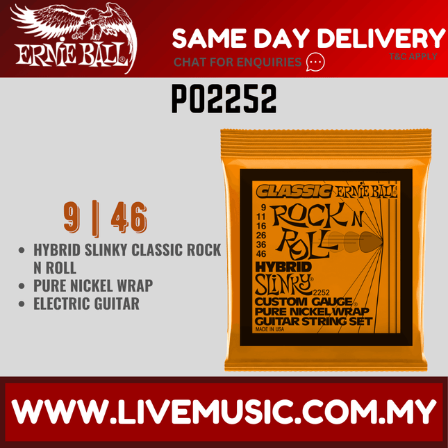 Ernie Ball 2252 Hybrid Slinky Classic Rock N Roll Electric Guitar Strings (9-46) .009 .011 .016 .026 .036 .046 Electric Guitar Strings, Hybrid Slinky