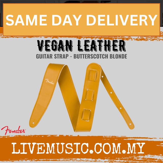 Butterscotch vegan leather guitar strap with Fender logo, adjustable ends