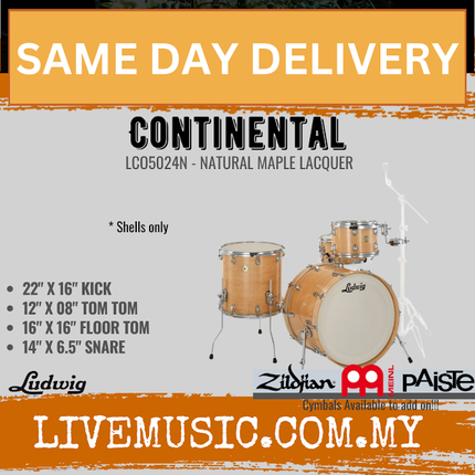 Ludwig LCO5024N Continental 4-Piece Drum Kit(22B+16F+12T+14S), Natural Maple Lacquer