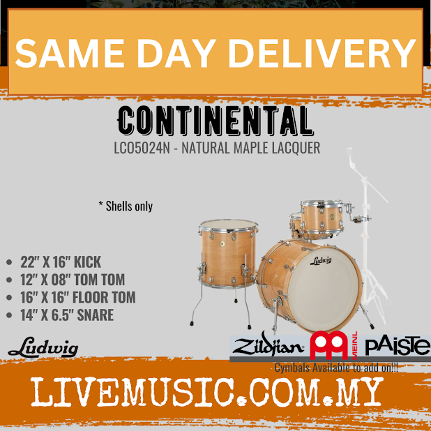 Ludwig LCO5024N Continental 4-Piece Drum Kit(22B+16F+12T+14S), Natural Maple Lacquer