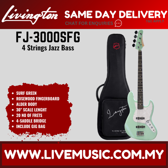 Livingston JB-3000 4-String Jazz Bass Guitar, Rosewood Fretboard, w/Gig Bag ( JB 3000 JB3000 / FJ 3000 FJ3000 )