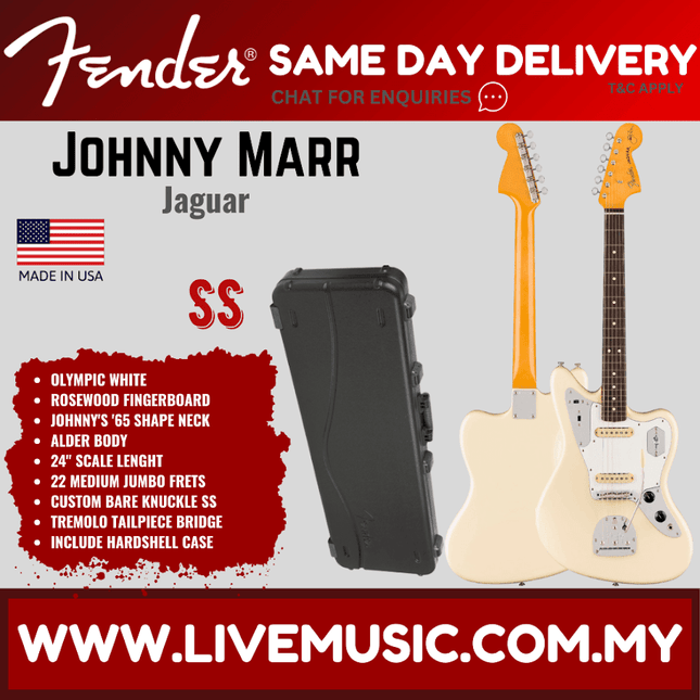Fender Jaguar electric guitar in Olympic White, with hard case and rosewood fingerboard