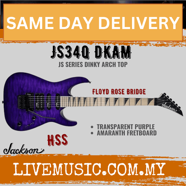 Jackson JS Series JS34Q Dinky DKAM Electric Guitar, Maple FB, Transparent Purple
