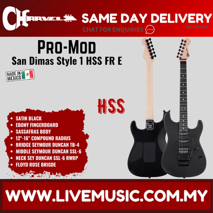 Charvel Pro-Mod San Dimas Style 1 HSS FR Sassafras Electric Guitar, Ebony FB, Satin Black