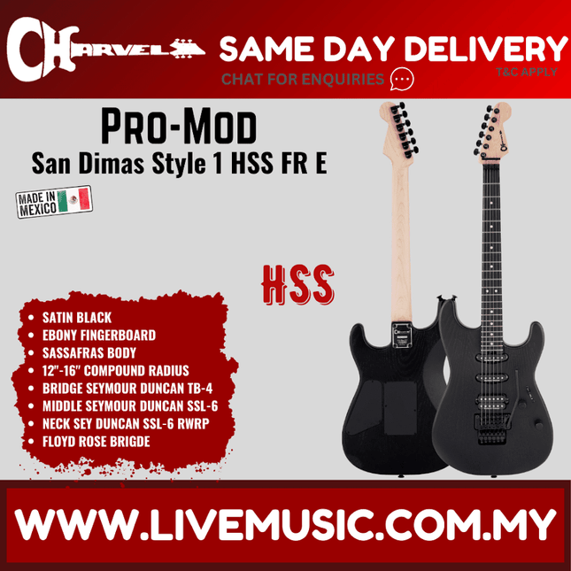 Charvel Pro-Mod San Dimas Style 1 HSS FR Sassafras Electric Guitar, Ebony FB, Satin Black