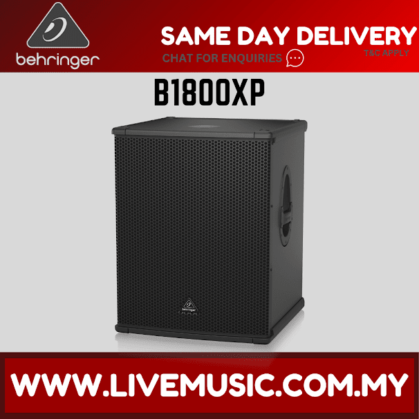 Behringer 18-inch powered subwoofer cabinet, black front grille with side panel controls