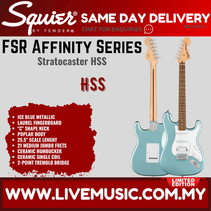 Squier FSR Affinity Series HSS Stratocaster Electric Guitar, Laurel FB, Ice Blue Metallic