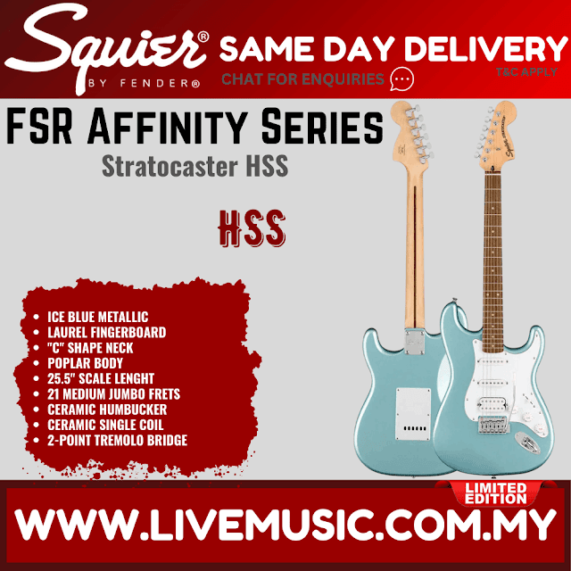 Squier FSR Affinity Series HSS Stratocaster Electric Guitar, Laurel FB, Ice Blue Metallic