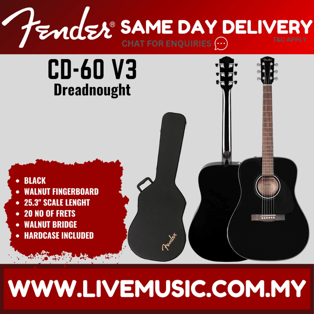 Black dreadnought acoustic guitar with brown fretboard and black gig bag