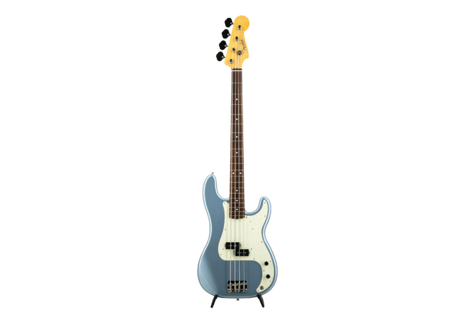 Ice blue metallic Fender Precision Bass electric guitar with four-string pickup setup