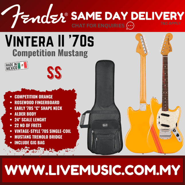 Fender Vintera II 70s Mustang Electric Guitar, RW FB, Competition Orange