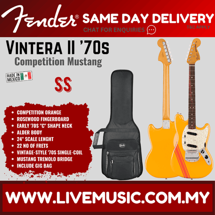 Fender Vintera II 70s Mustang Electric Guitar, RW FB, Competition Orange