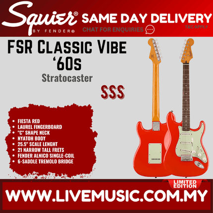 Squier FSR Classic Vibe 60s Stratocaster Electric Guitar, Indian Laurel FB, Fiesta Red