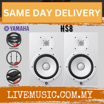 Yamaha HS8 Powered Studio Monitor with Studio Monitor Stands, Isolation Pads and Cable, Pair - White ( HS 8 / HS-8 )