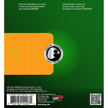 Elixir 14207 Nanoweb Light/Med Long Scale 5-String Electric Bass Strings (45-135)