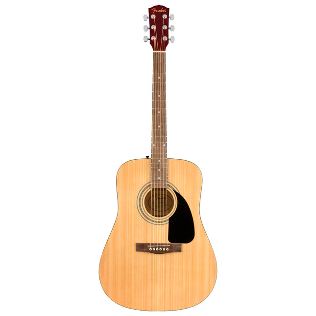 Natural wood dreadnought acoustic guitar with dark pickguard and rosette