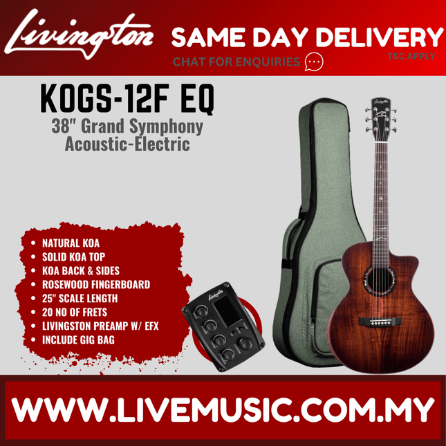 Livingston KOGS-12F EQ 38" Solid Top Grand Symphony Acoustic-Electric Guitar, RW FB - Natural ( KOGS 12F KOGS12F )