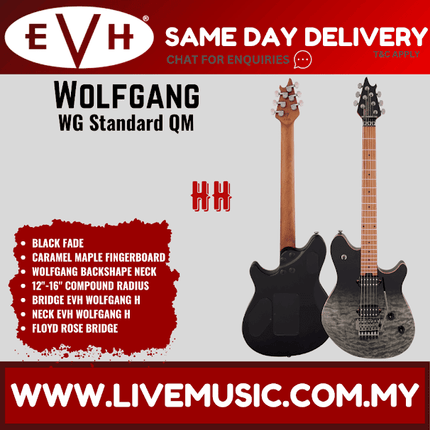 EVH Wolfgang WG Standard QM Electric Guitar, Baked Maple FB, Black Fade