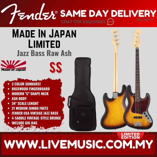 Fender MIJ Limited Jazz Bass Guitar, RW FB, Raw Ash 3-Color Sunburst