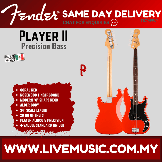 Fender Player II Precision Bass Guitar, RW FB, Polar White / Coral Red / 3 Tone Sunburst
